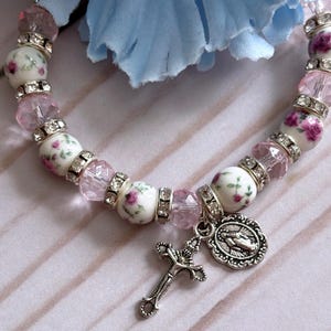Miraculous Medal Pink Crystal and Ceramic Floral Beaded Stretch Rosary Bracelet