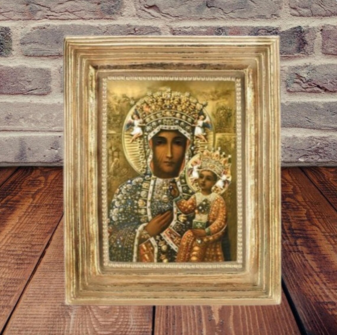 Our Lady of Czestochowa Catholic Print With Gold Leaf Square Frame 3-1/ ...