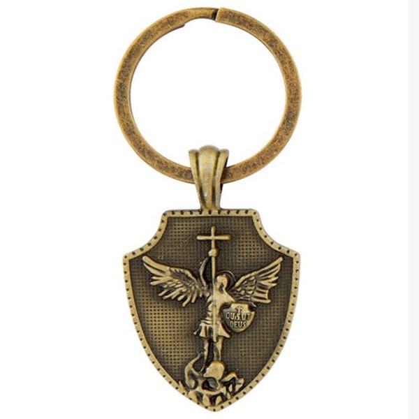 St. Michael Key Chain Archangel Michael Bronze Tone Shield Key Ring