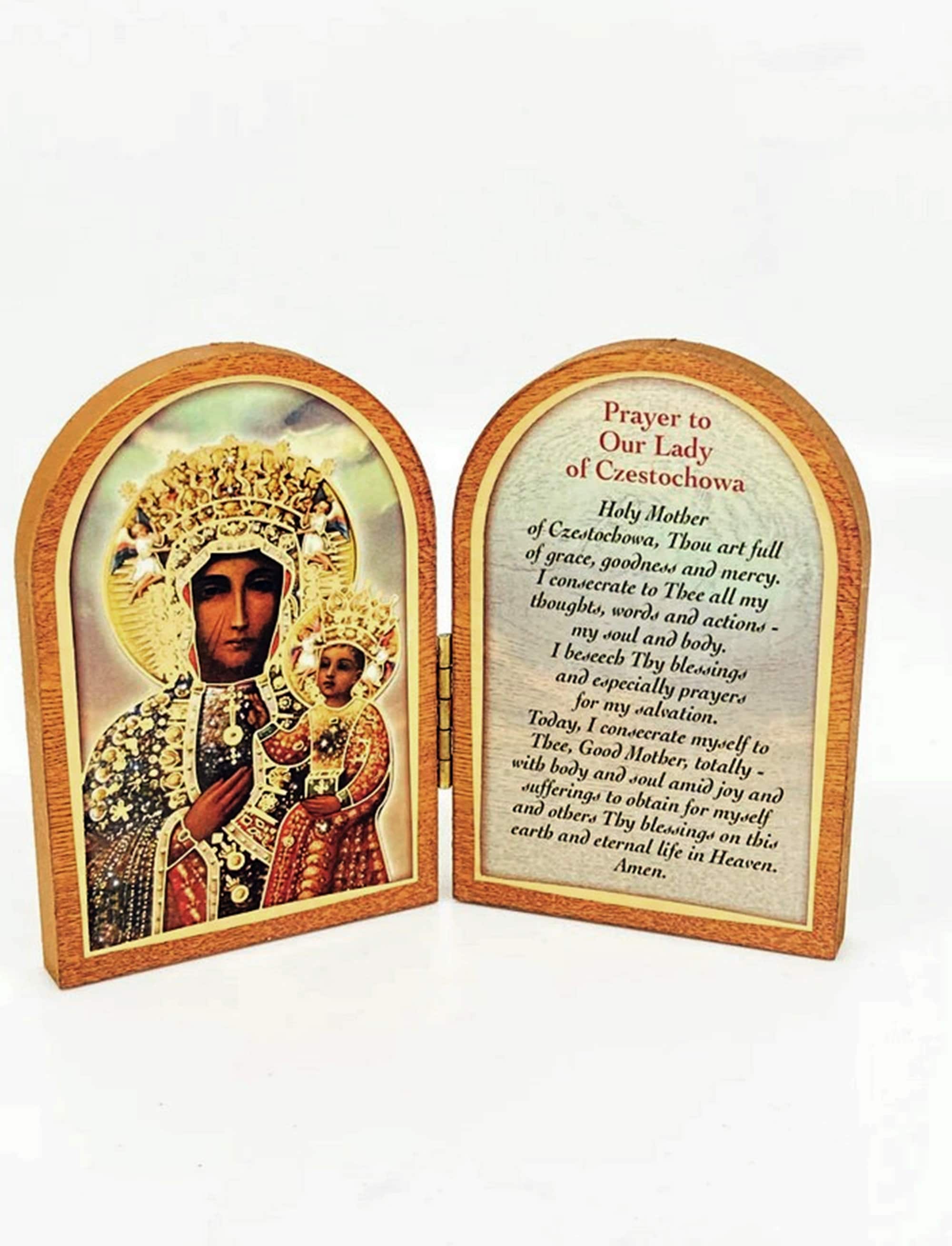 Our Lady of Czestochowa Arched Diptych Italian Wood Standing Plaque Catholic Black Madonna Icon