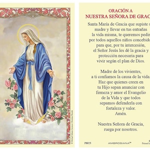 May include: A religious prayer card featuring an illustration of the Virgin Mary in a blue robe and white dress, surrounded by pink roses. The card includes text in Spanish, with a decorative border.