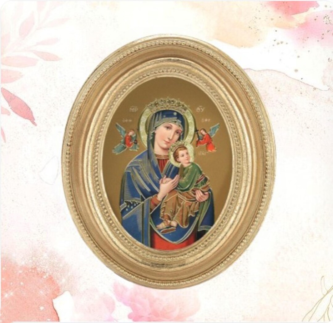 Our Lady of Perpetual Help Catholic Print With Gold Leaf Oval Frame 3-1 ...