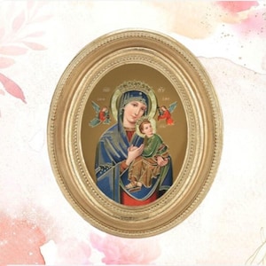 Our Lady of Perpetual Help Catholic Print with Gold Leaf Oval Frame 3-1/2&quot; x 4-1/2&quot;  Blessed Virgin Mary