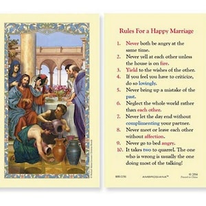 May include: A vintage-style card with a colorful illustration of a group of people gathered around a table. The card features the text "Rules For a Happy Marriage" and lists ten rules for a successful marriage.
