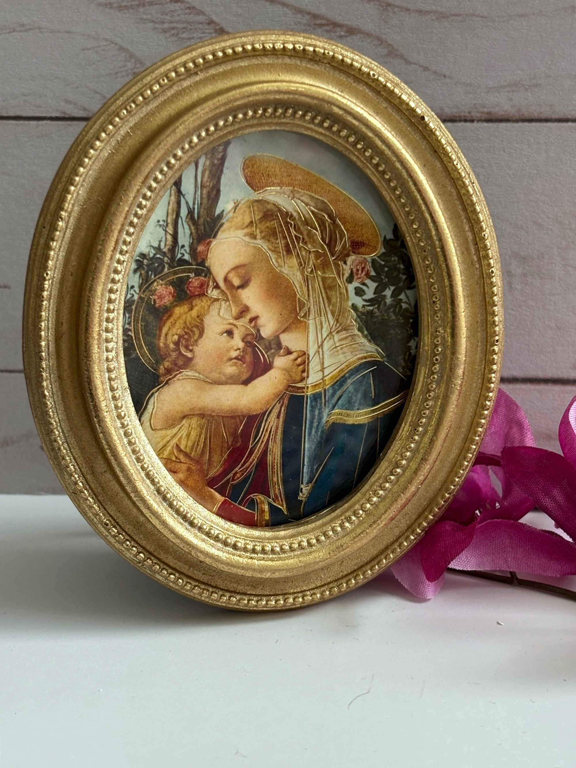 Madonna and Child Catholic Print in Gold Leaf Oval Frame 3-1/2" X 4-1/2 ...