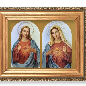 The Sacred Hearts Italian Print Gold-Leaf Antique Framed Art Catholic Jesus and Mary Devotional