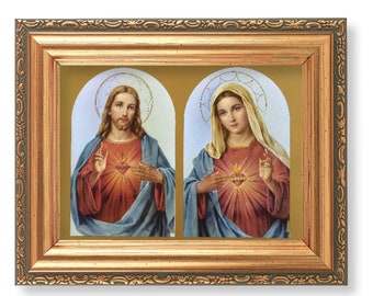 The Sacred Hearts Italian Print Gold-Leaf Antique Framed Art Catholic Jesus and Mary Devotional