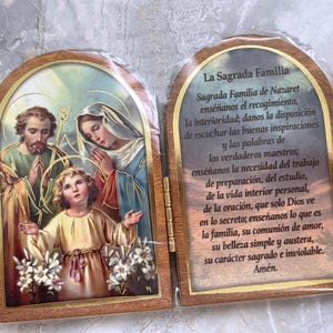 Holy Family Arched Diptych Italian Wood Standing Plaque Icon Catholic Decor - Spanish Prayer