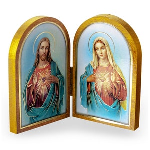 Sacred Hearts Jesus and Mary Arched Diptych Italian Wood Standing Plaque Icon Catholic Devotional