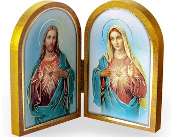 Sacred Hearts Jesus and Mary Arched Diptych Italian Wood Standing Plaque Icon Catholic Devotional