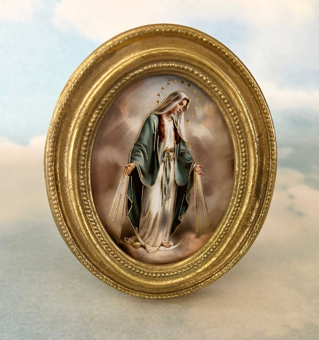 Our Lady of Grace Catholic Print With Gold Leaf Oval Frame 3-1/2" X 4-1 ...