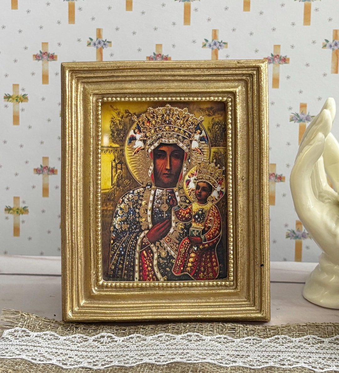 Our Lady of Czestochowa Catholic Print With Gold Leaf Square Frame 3-1/ ...