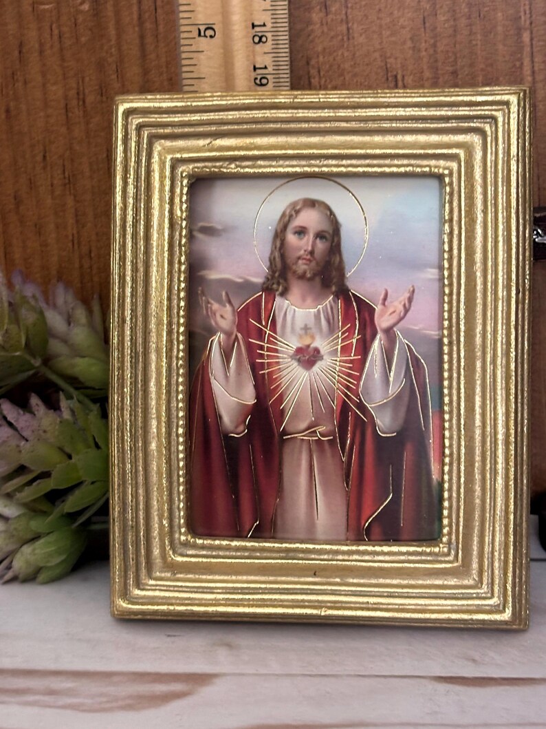 Sacred Heart of Jesus Catholic Print With Gold Leaf Square Frame 3-1/2 ...