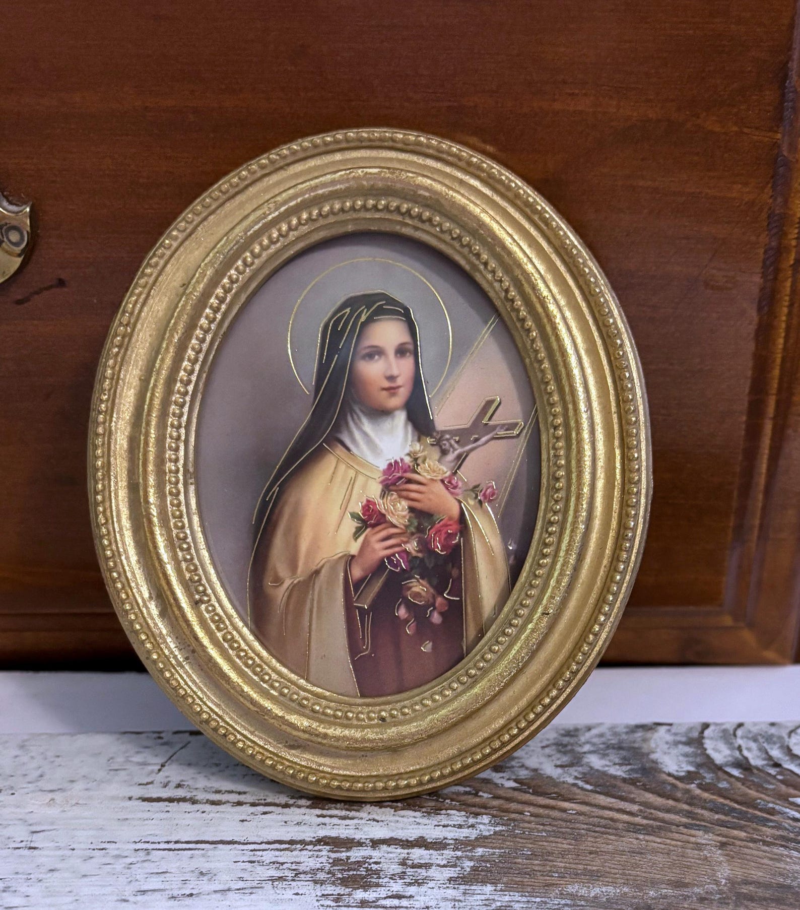 St Therese of Lisieux Catholic Print With Gold Leaf Oval Frame 3-1/2" X ...