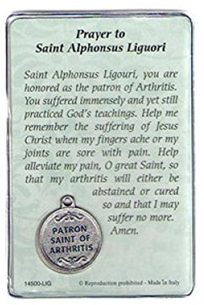 St Alphonsus Liguori Prayer Card With Medal Patron Saint of Arthritis Laminated Catholic Holy