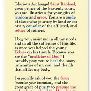 St Raphael Holy Card Laminated Catholic Prayer Card Patron of Travelers ...