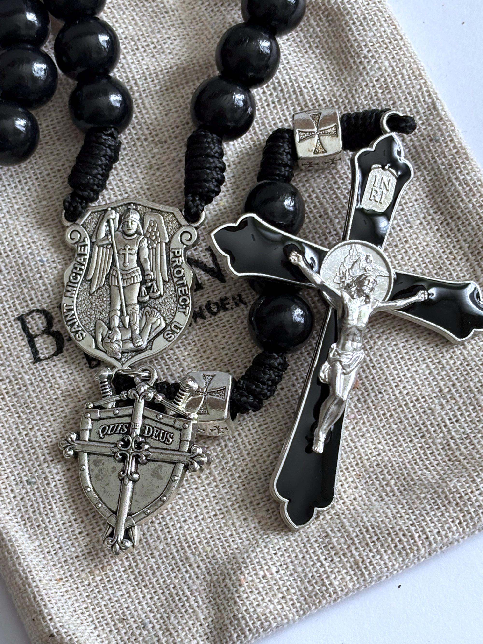 Black St Michael Paracord Rosary Prayer Bead and St Michael Holy