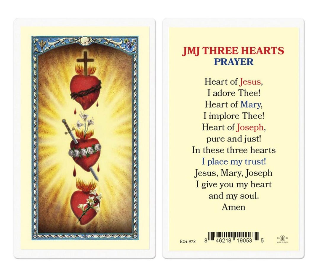 JMJ Three Sacred Hearts Catholic Laminated Prayer Card Jesus Mary