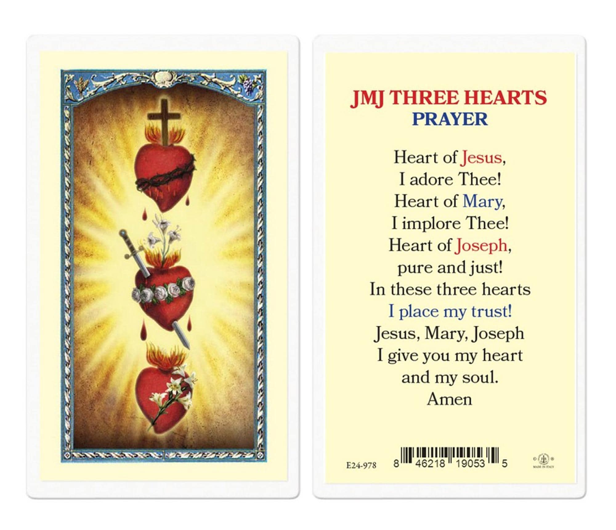 JMJ Three Sacred Hearts Catholic Laminated Prayer Card Jesus Mary