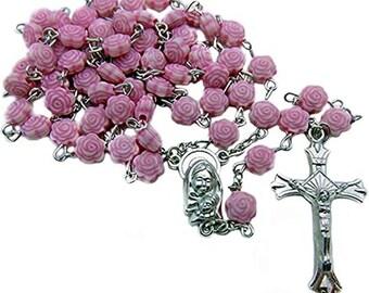 【レア】BABY, マドモアゼルジュエルローズ　丸型コーム　ピンク　ビジュー Pink Rose Flower Shaped Beaded Rosary Rose Bud Blessed Mother