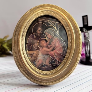 Simone Holy Family Gold Stamped Catholic Print with Gold Leaf Oval Frame 3-1/2&quot; x 4-1/2&quot; Jesus Mary Joseph