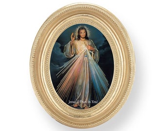 Impresión católica de la Divina Misericordia con marco ovalado de pan de oro de 8,9 x 11,5 cm. Devocional de Jesucristo.