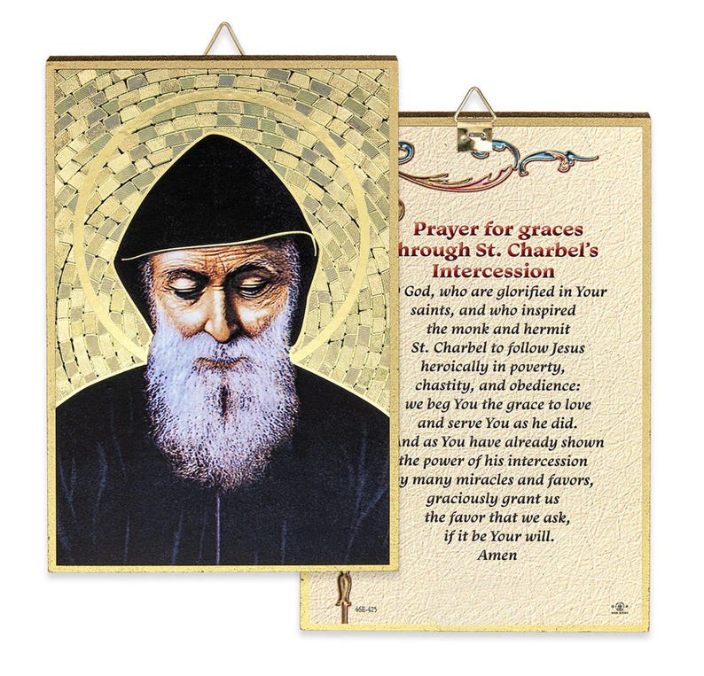 St Charbel Gold Foil Mosaic Plaque 4" X 6" With Full Color Prayer for ...