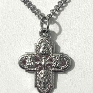Catholic Four Way Cross Pendant Necklace Petite Religious Charm 18&quot; Chain