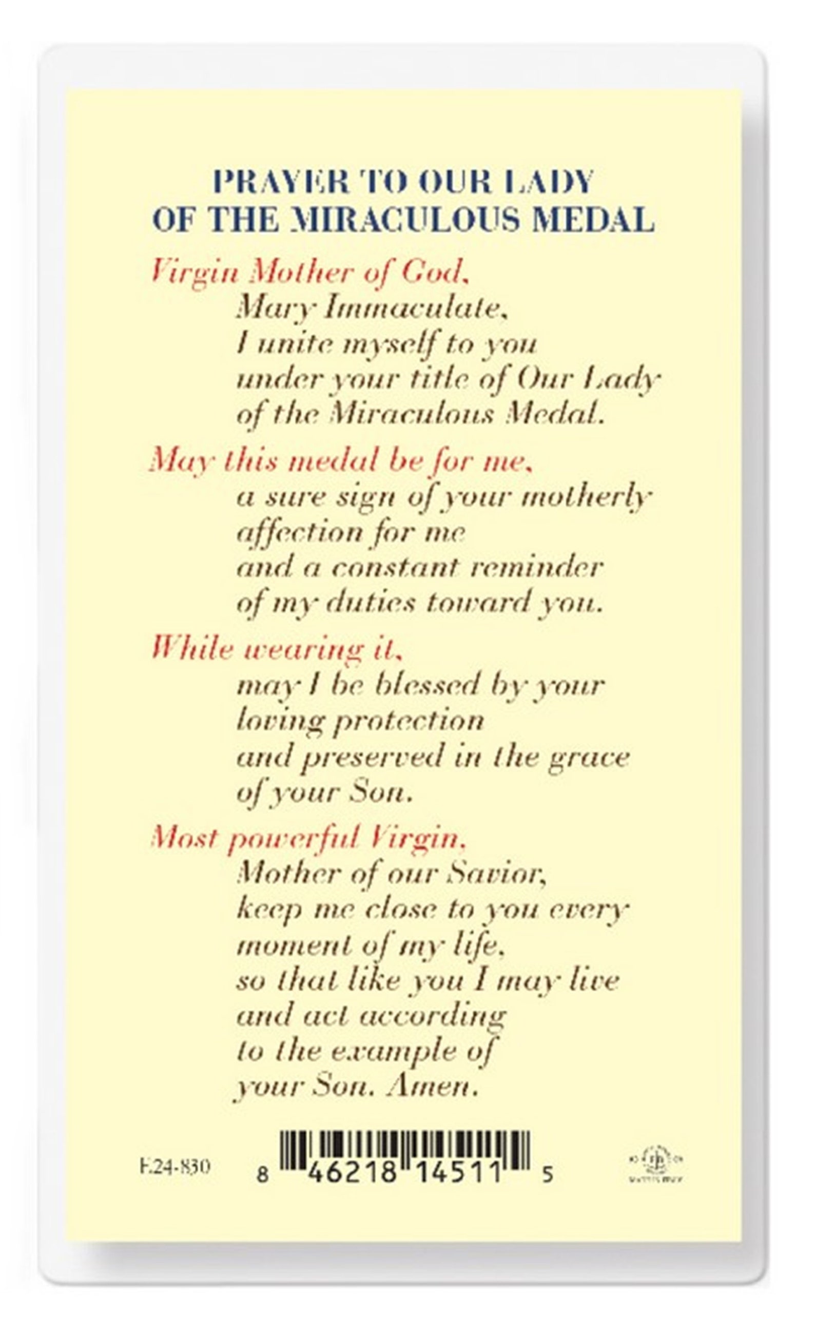 Prayer to Our Lady of the Miraculous Medal Laminated Holy Prayer Card ...