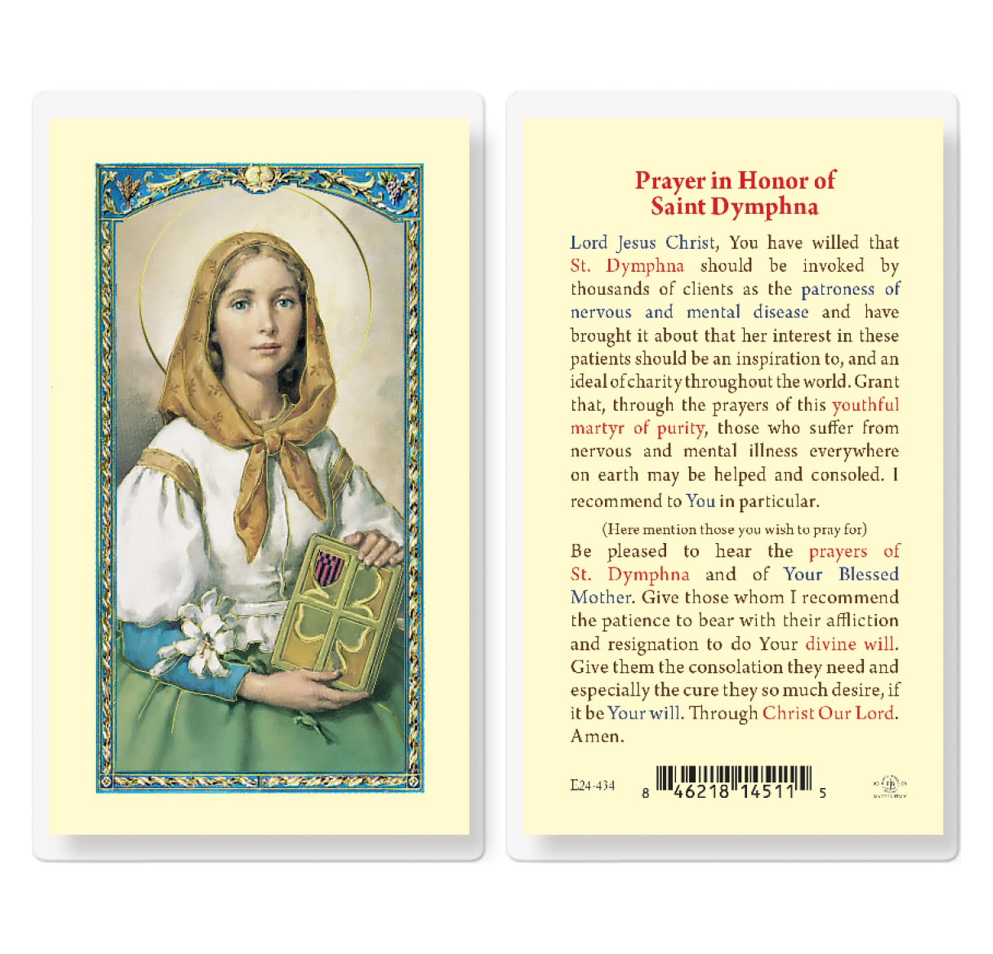 St Dymphna Patron of Mental Heath Prayer Card Laminated Saint ...