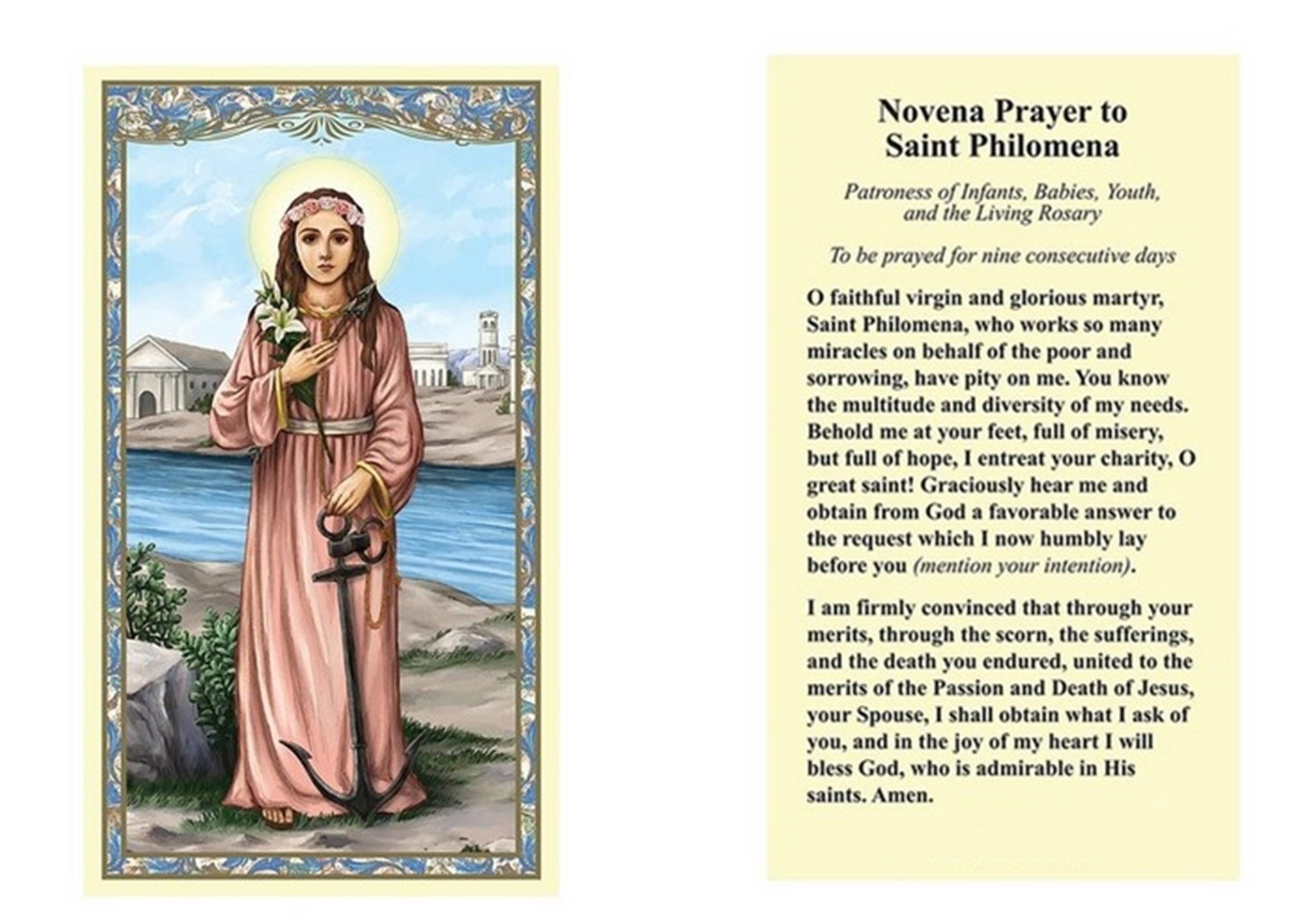 St Philomena Patron Saint Infants & Children Medal and Holy Card Set