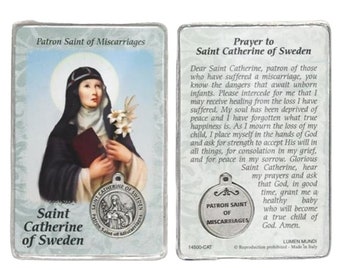 St Catherine of Sweden Prayer Card with Medal Patron Saint of Miscarriages Laminated Catholic Holy Card