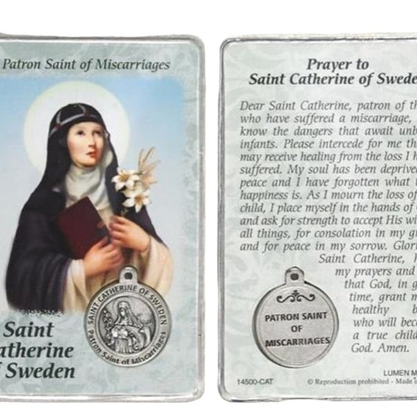 St Catherine of Sweden Prayer Card with Medal Patron Saint of Miscarriages Laminated Catholic Holy Card