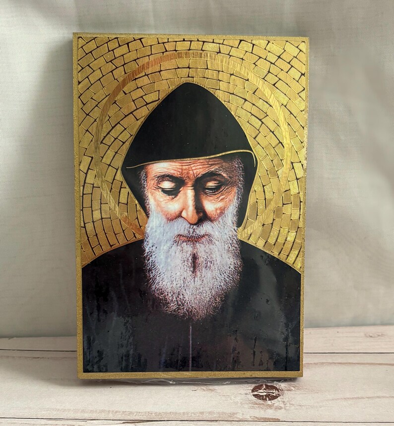 St Charbel Gold Foil Mosaic Plaque 4" X 6" With Full Color Prayer for ...