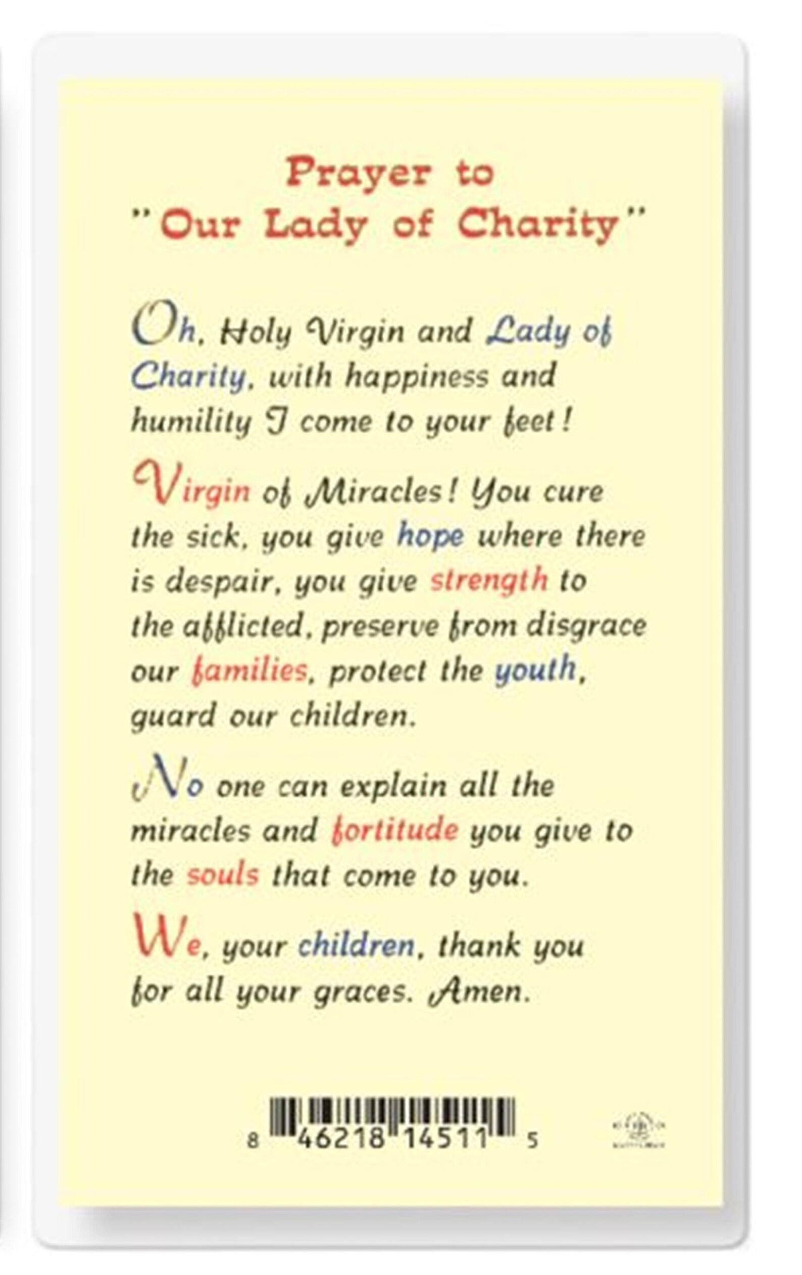 Prayer to Our Lady of Charity Laminated Holy Prayer Card Catholic Faith ...