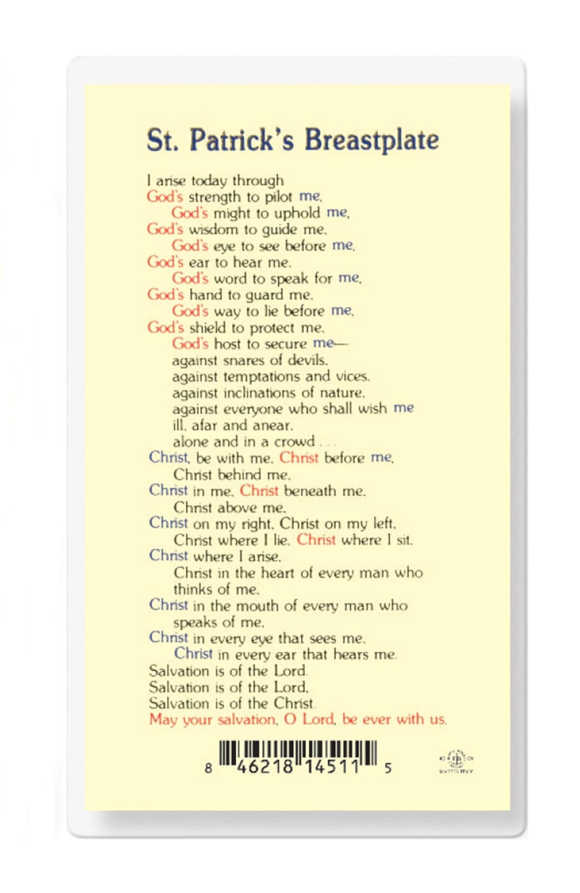 St Patrick Breastplate Holy Card Laminated Catholic Prayer - Spiritual ...