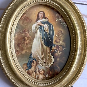 Our Lady of The Immaculate Conception Catholic Print with Gold Leaf Oval Frame 3-1/2&quot; x 4-1/2&quot;  Blessed Virgin Mary