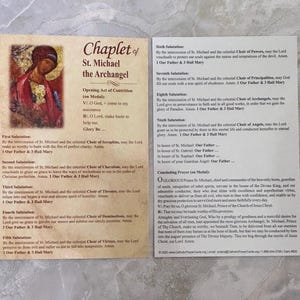 May include: A rectangular prayer card titled Chaplet of St. Michael the Archangel, featuring an illustration of the saint in red and gold robes. The card contains printed text detailing nine salutations, prayers, and a concluding prayer in English.