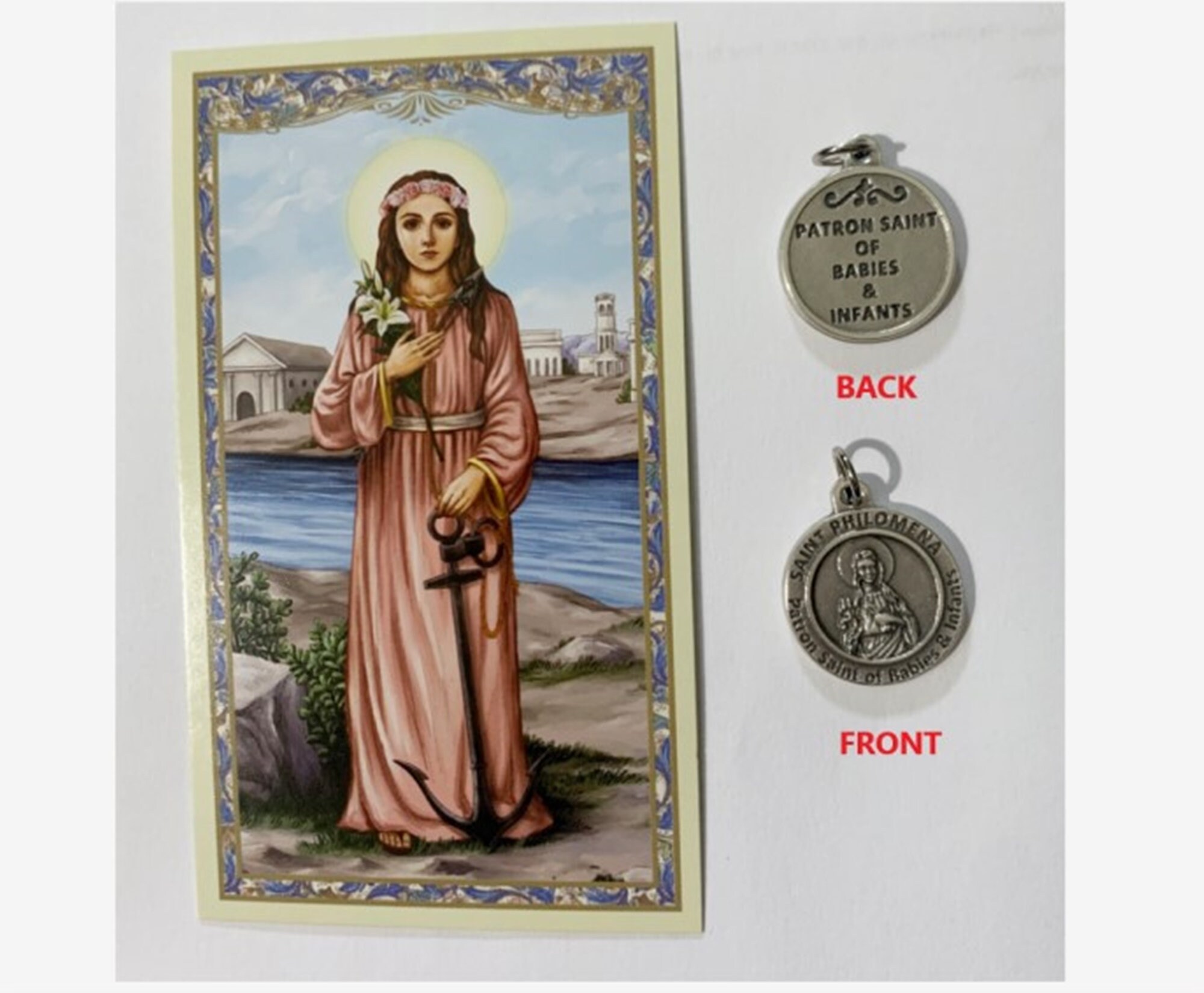 St Philomena Patron Saint Infants & Children Medal and Holy Card Set
