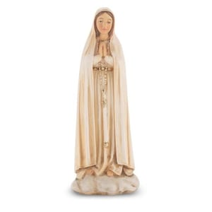 Our Lady of Fatima Statue Hand Painted Cold Cast Resin Gold Leaf Accents 4 Inch Figurine with Catholic Prayer Card