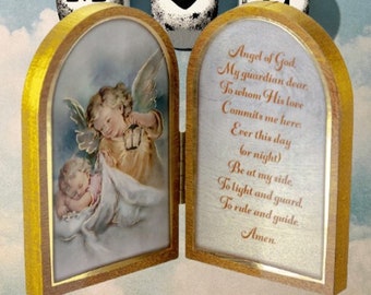 Guardian Angel with Lantern Arched Diptych Italian Wood Standing Plaque Icon Catholic Nursery Child&#39;s Room Decor