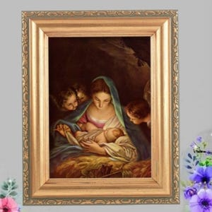 Madonna and Child Surrounded By Angels Italian Print Gold-Leaf Antique Framed Religious Artwork
