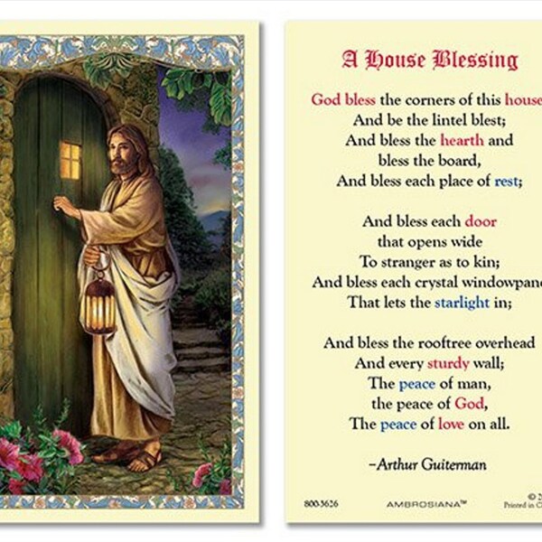 Estampa católica laminada de Jesús tocando la puerta con bendición de casa