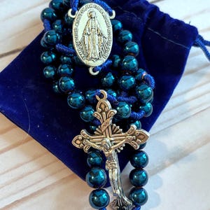 Miraculous Medal Corded Blue Hematite Beaded Rosary Catholic Prayer Beads with Blue Velvet Pouch