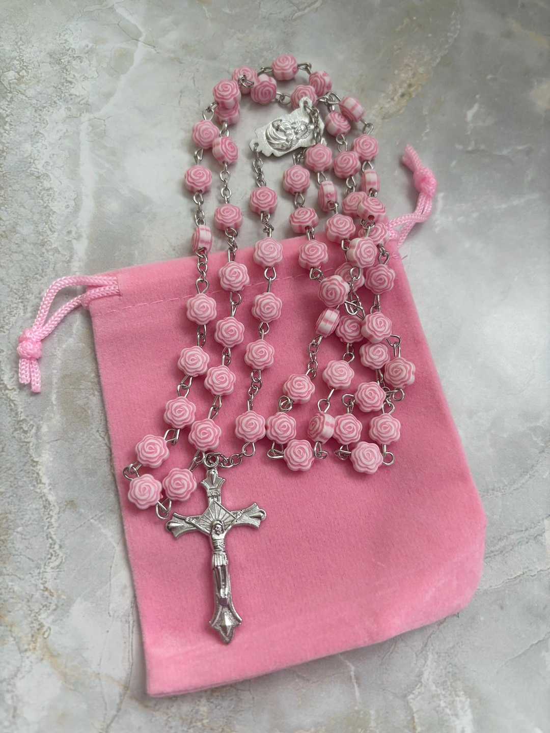 Pink Rose Flower Shaped Beaded Rosary Rose Bud Blessed Mother