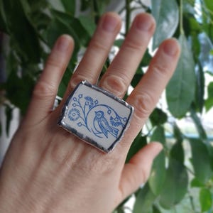 Primitieve vintage ring Bluebird porseleinen sieraden gebroken Сhina-ring/handgemaakte ring/gebroken porselein/kapot gebruiksvoorwerpen/boho-ringen