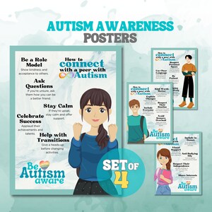 May include: Set of 4 Autism Awareness posters. Each poster features illustrations and text with tips on connecting with autistic peers. The posters include phrases like "Be a Role Model" and "Ask Questions". The set includes a teal and rainbow color scheme.