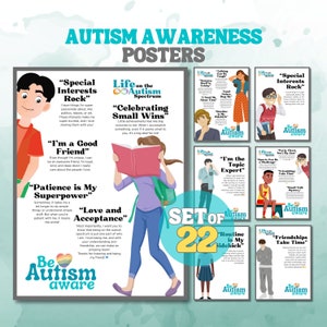 May include: A set of 22 autism awareness posters. The posters feature illustrations and text about autism, including phrases like "Special Interests Rock" and "I'm a Good Friend." The color palette includes teal, blue, and red.