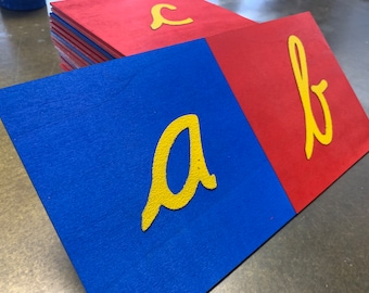 Montessori Style Wood Sandpaper Letters, Lowercase Cursive Alphabets, Hand Painted Learning Tool for Kids
