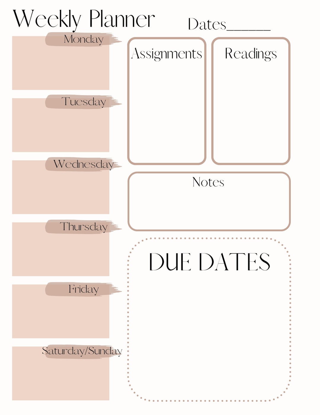 Weekly Student Planner Due Date Planner Neutral Weekly - Etsy